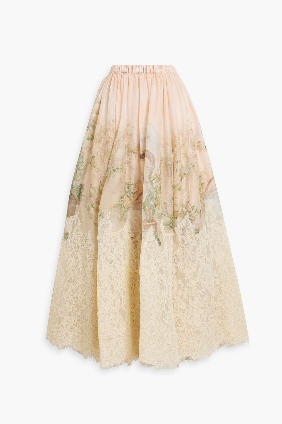 Zimmermann Corded Lace-paneled Printed Cotton And Linen-blend Maxi Skirt In Peach
