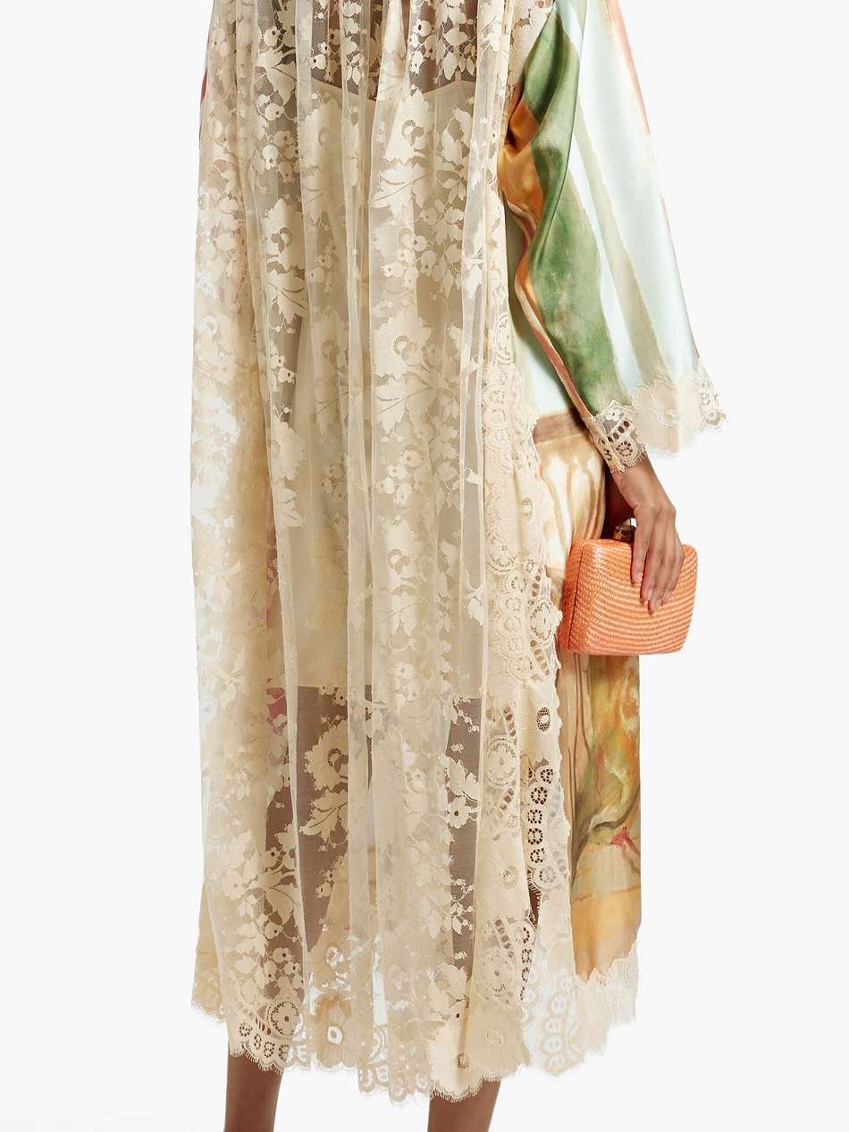 corded lace-paneled printed silk-twill midi dress