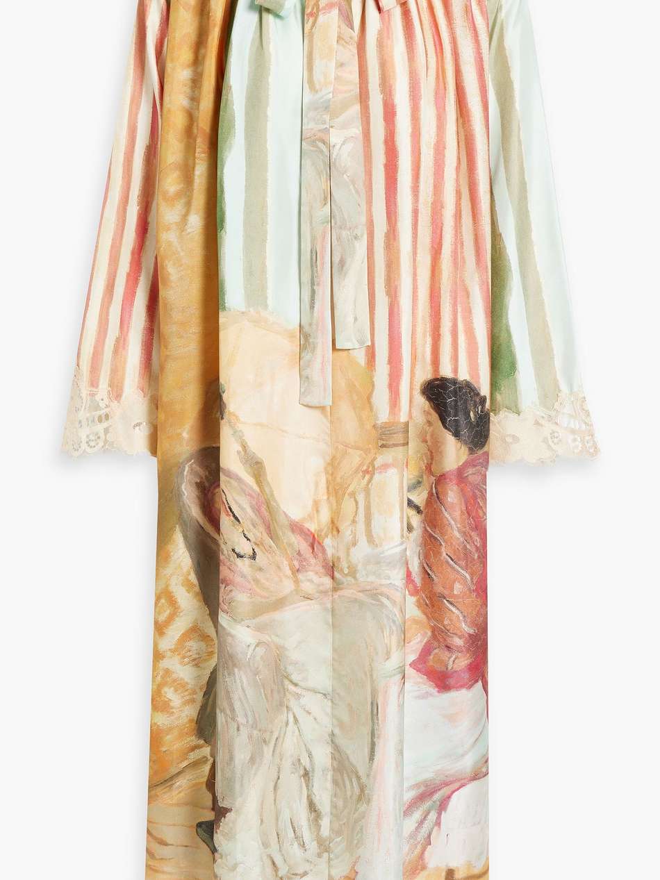 corded lace-paneled printed silk-twill midi dress