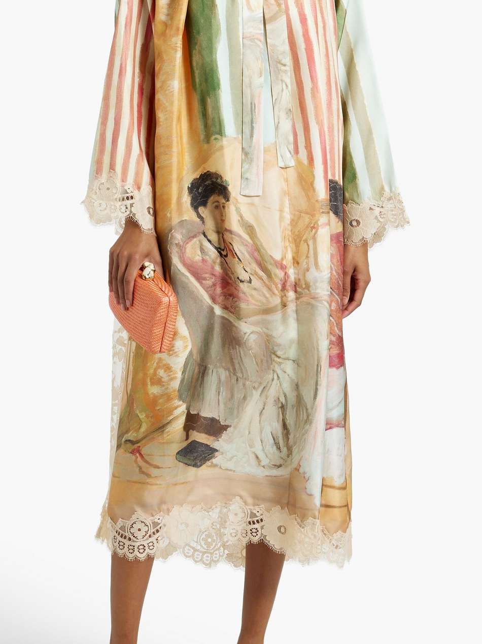 corded lace-paneled printed silk-twill midi dress