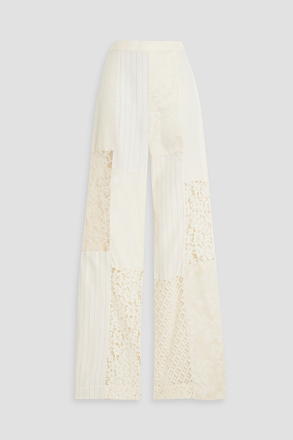 Zimmermann Patchwork Lace-paneled Linen And Silk-blend Jacquard Wide-leg Pants In Cream