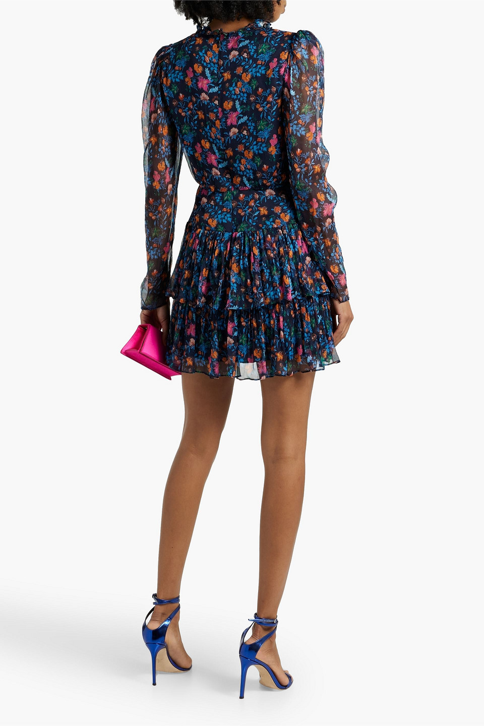 Shop Saloni Tiered Floral-print Silk-georgette Mini Dress In Navy