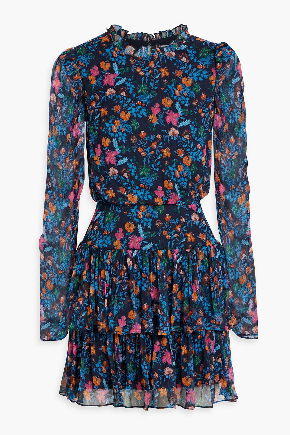Saloni Tiered Floral-print Silk-georgette Mini Dress In Navy