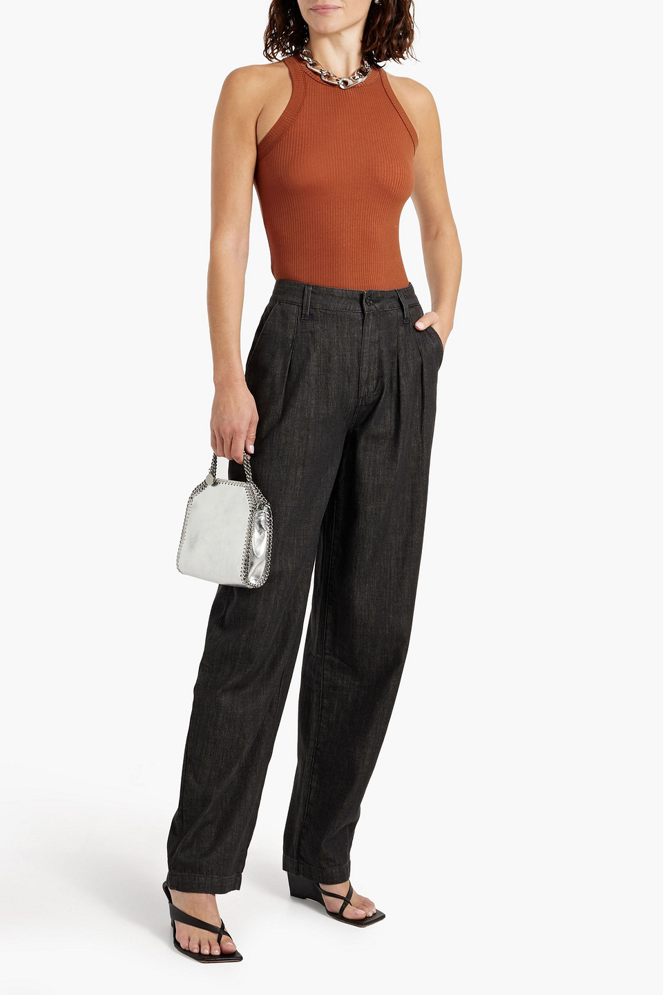 PAIGE BELLA PLEATED HIGH-RISE TAPERED JEANS 