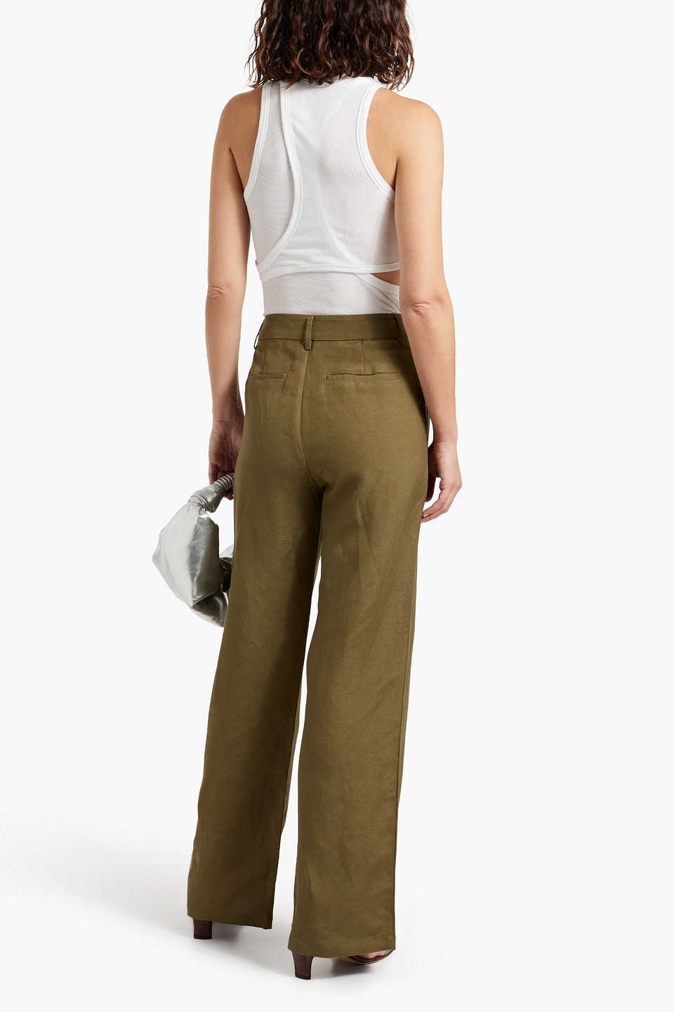 Paige Dallas Pleated High Waist Wide Leg Linen Blend Trousers In Army Green