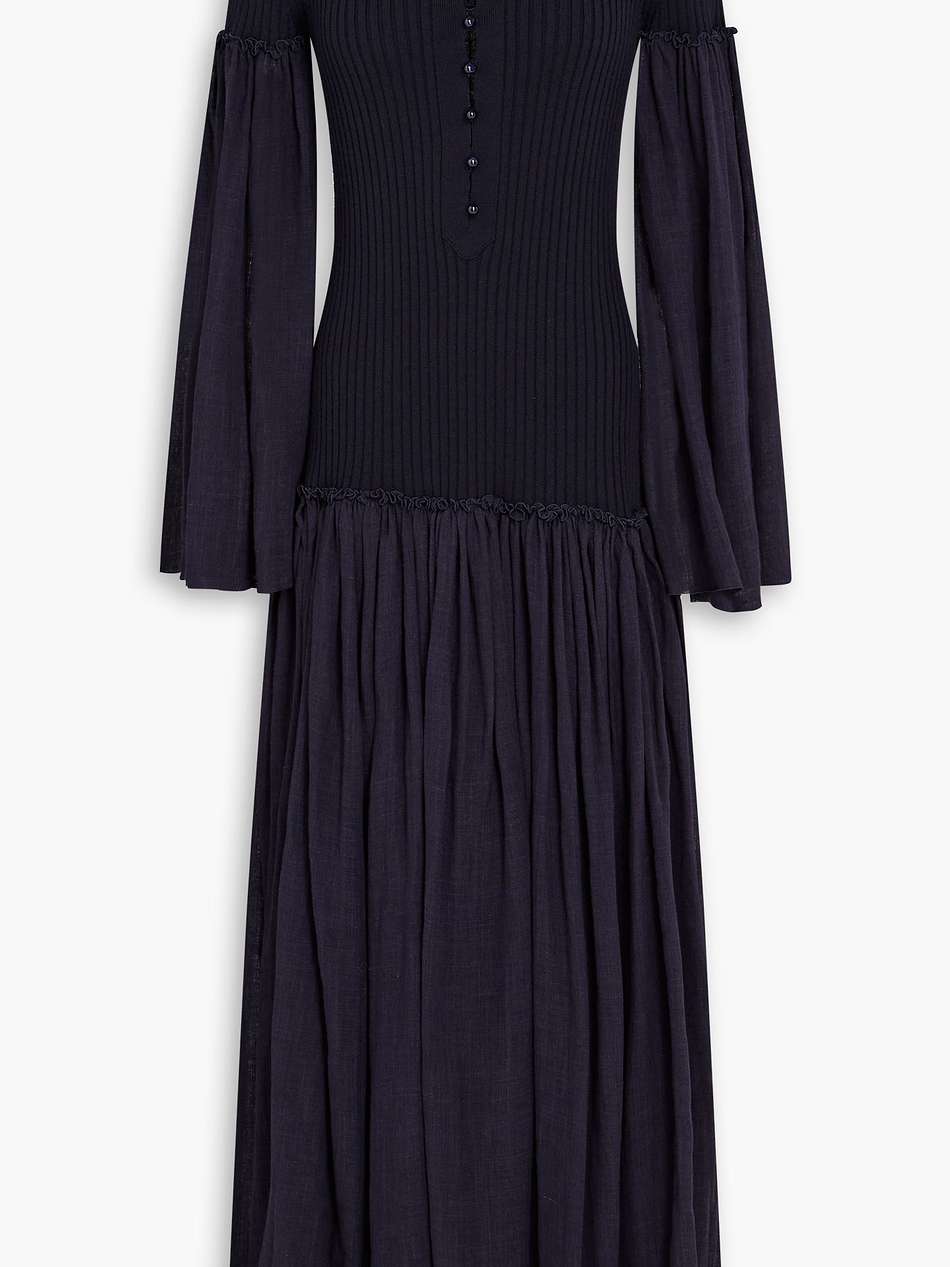 gauze-paneled ribbed wool and cashmere-blend maxi dress