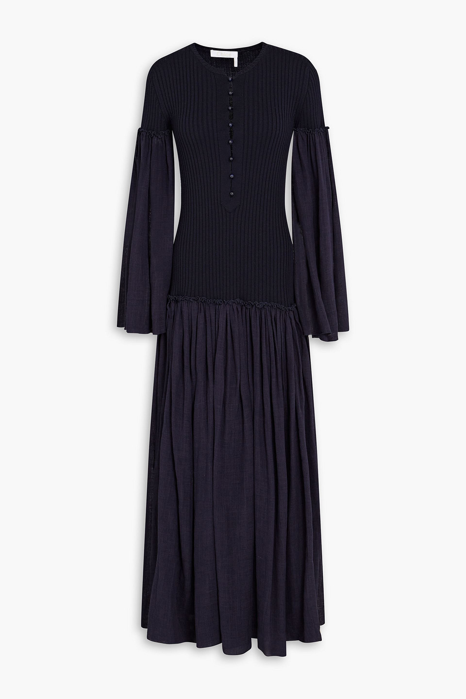 Chloé Gauze-paneled Ribbed Wool And Cashmere-blend Maxi Dress In Navy