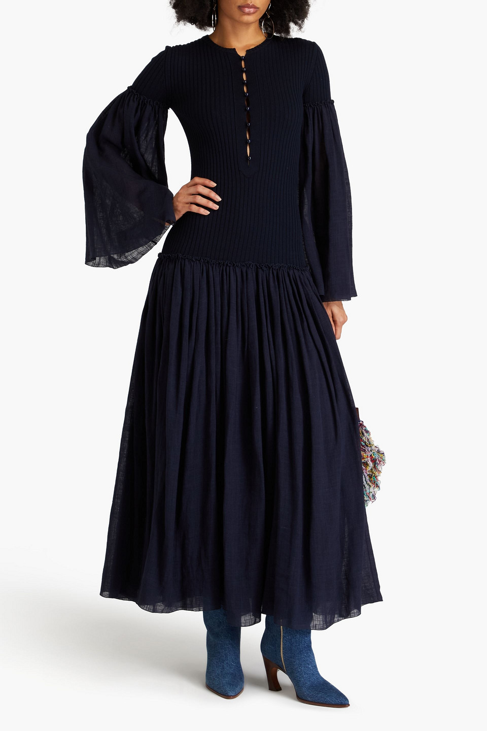 Chloé Gauze-paneled Ribbed Wool And Cashmere-blend Maxi Dress In Navy