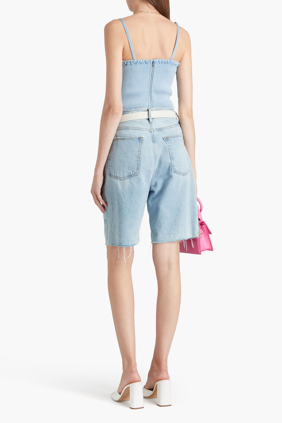 Shop Alice And Olivia Cropped Shirred Denim Top In Light Denim