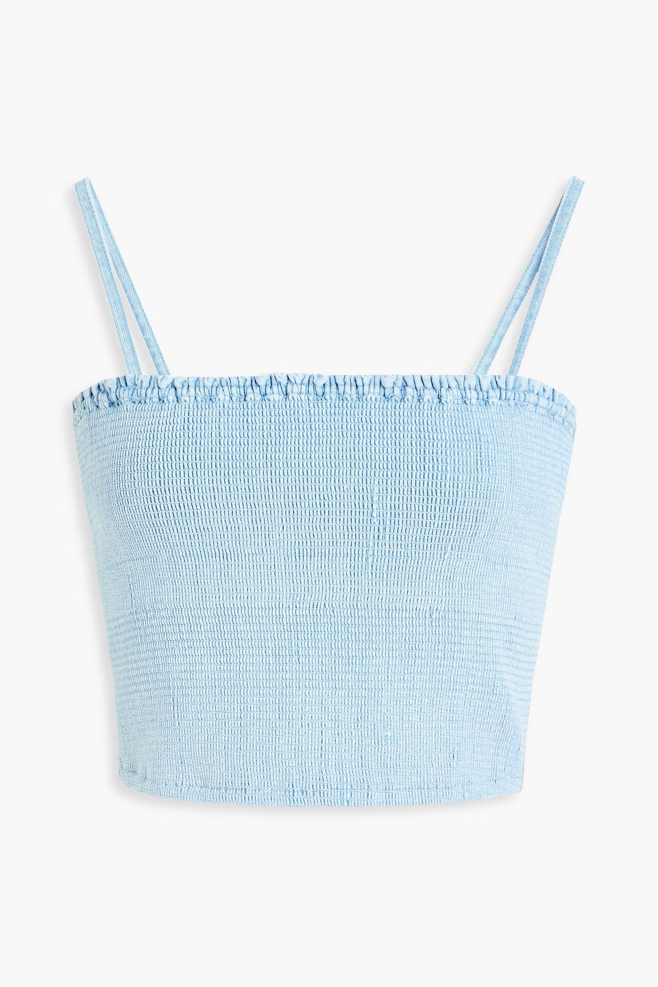 Alice And Olivia Cropped Shirred Denim Top In Light Denim