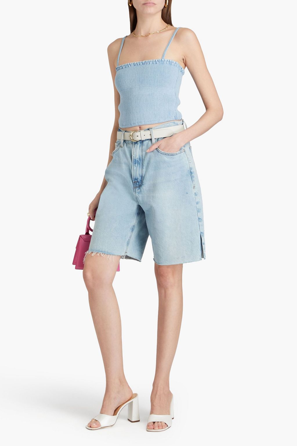ALICE + OLIVIA JEANS بلوزة دنيم قصيرة بتأثير مزموم