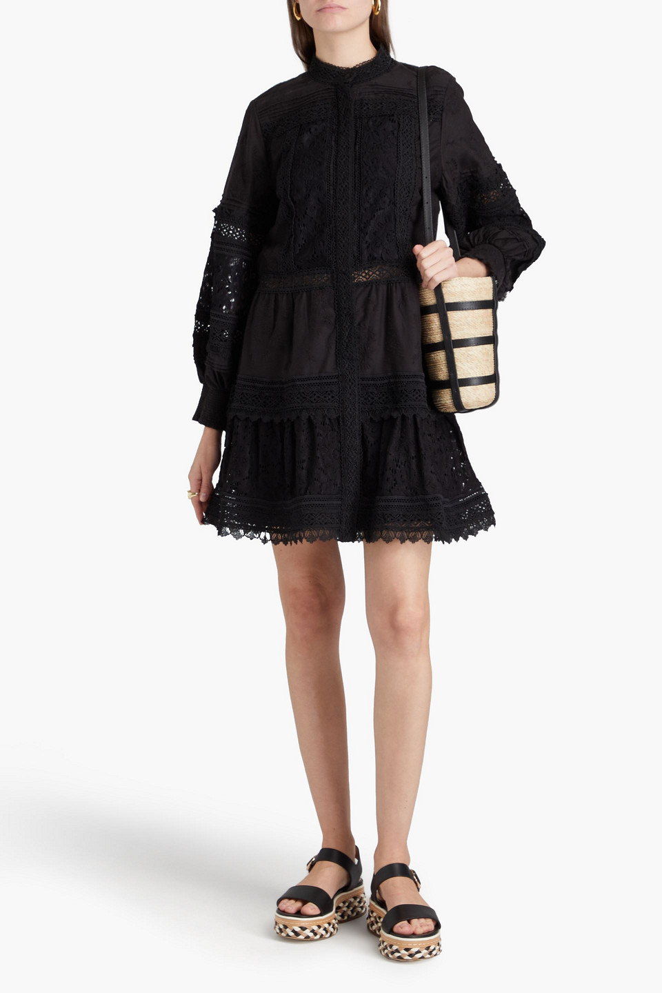 Alice And Olivia Embroidered Cotton Mini Dress In Black