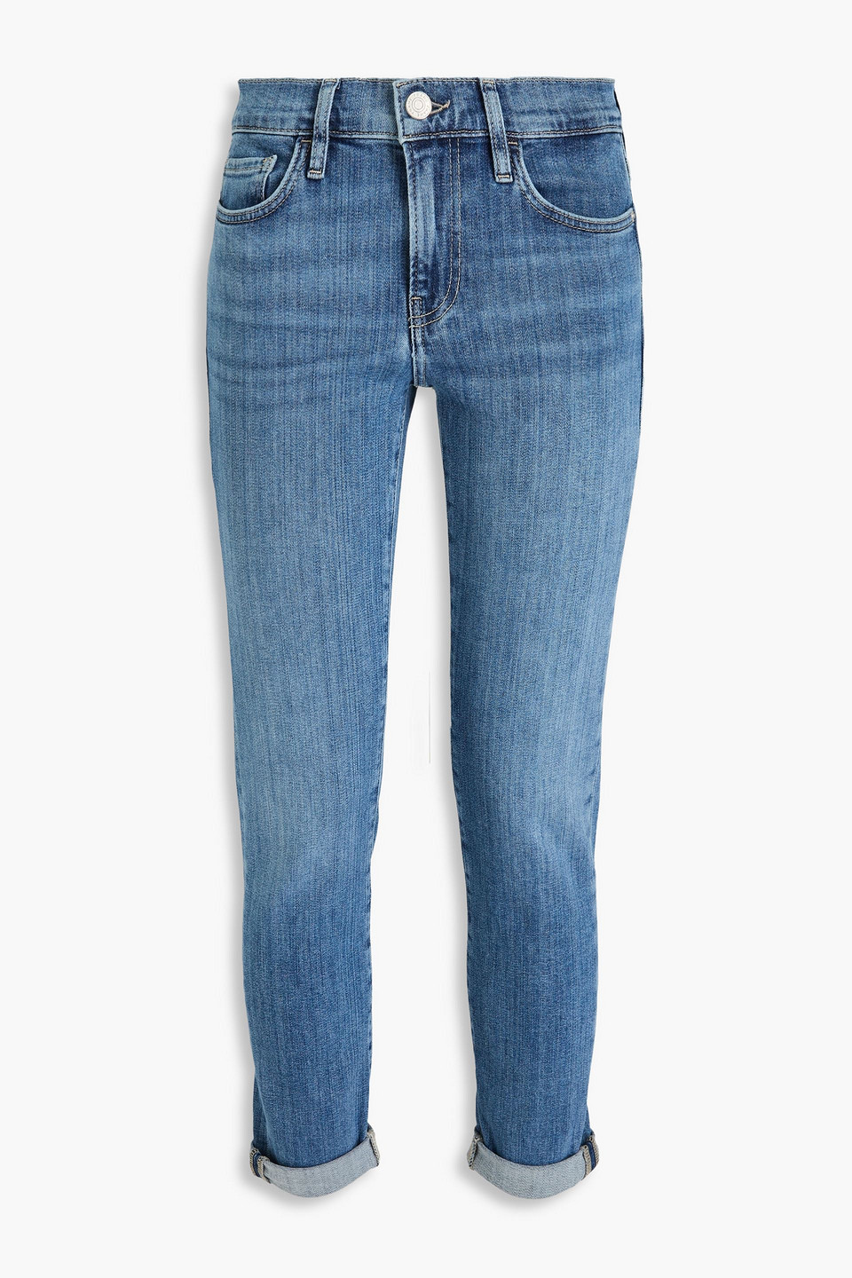 Frame Cropped Faded Boyfriend Jeans In Mittelblauer Denim