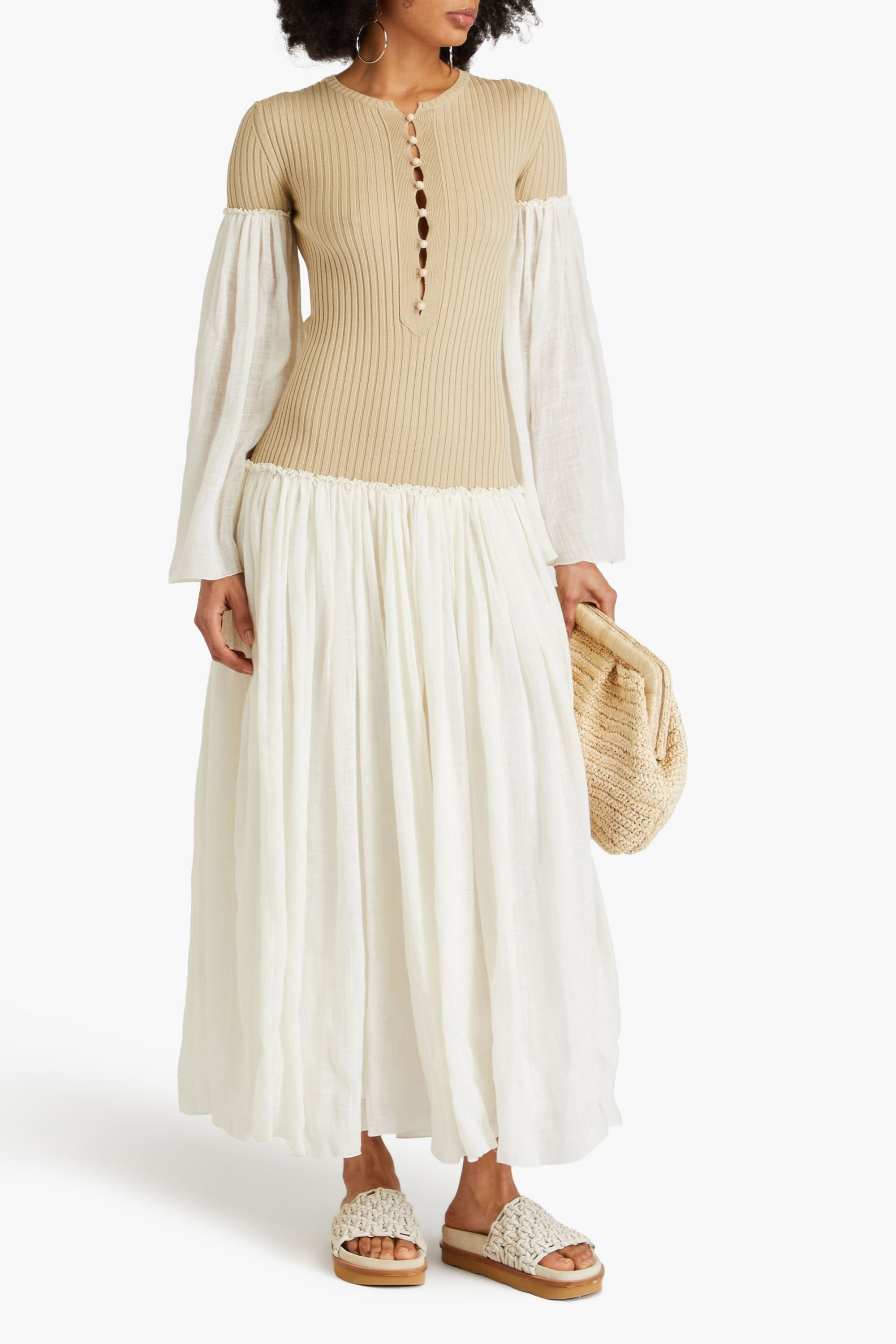Chloé Gauze-paneled ribbed wool and cashmere-blend maxi dress