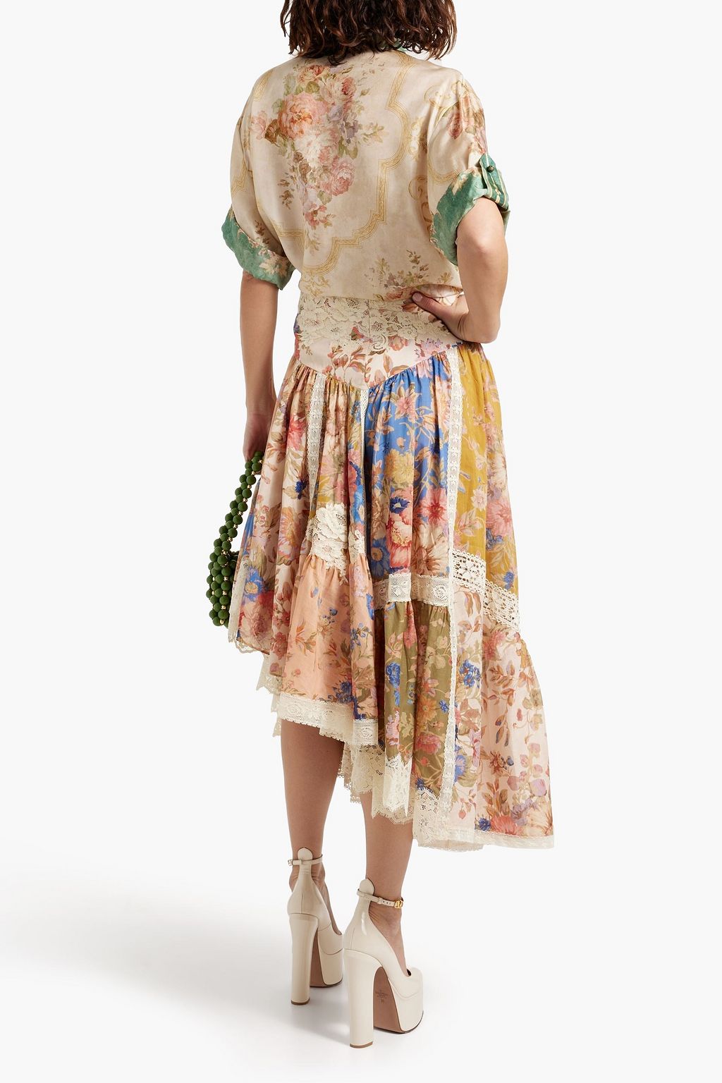 ZIMMERMANN Asymmetrischer Maxirock aus Baumwollgaze mit floralem Print und Spitzenbesatz