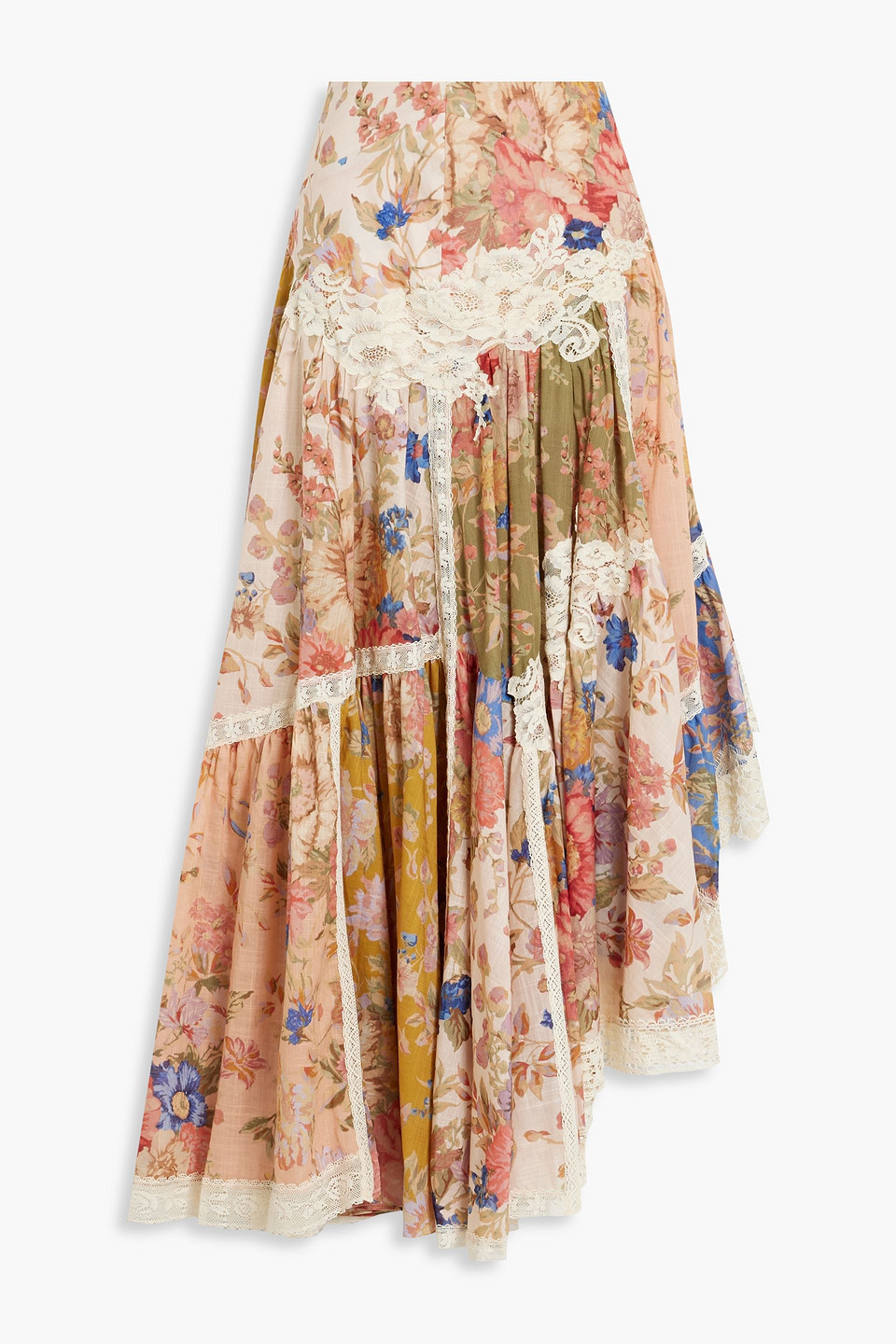 Zimmermann Lace-trimmed Asymmetric Floral-print Cotton-gauze Maxi Skirt In Antique Rose