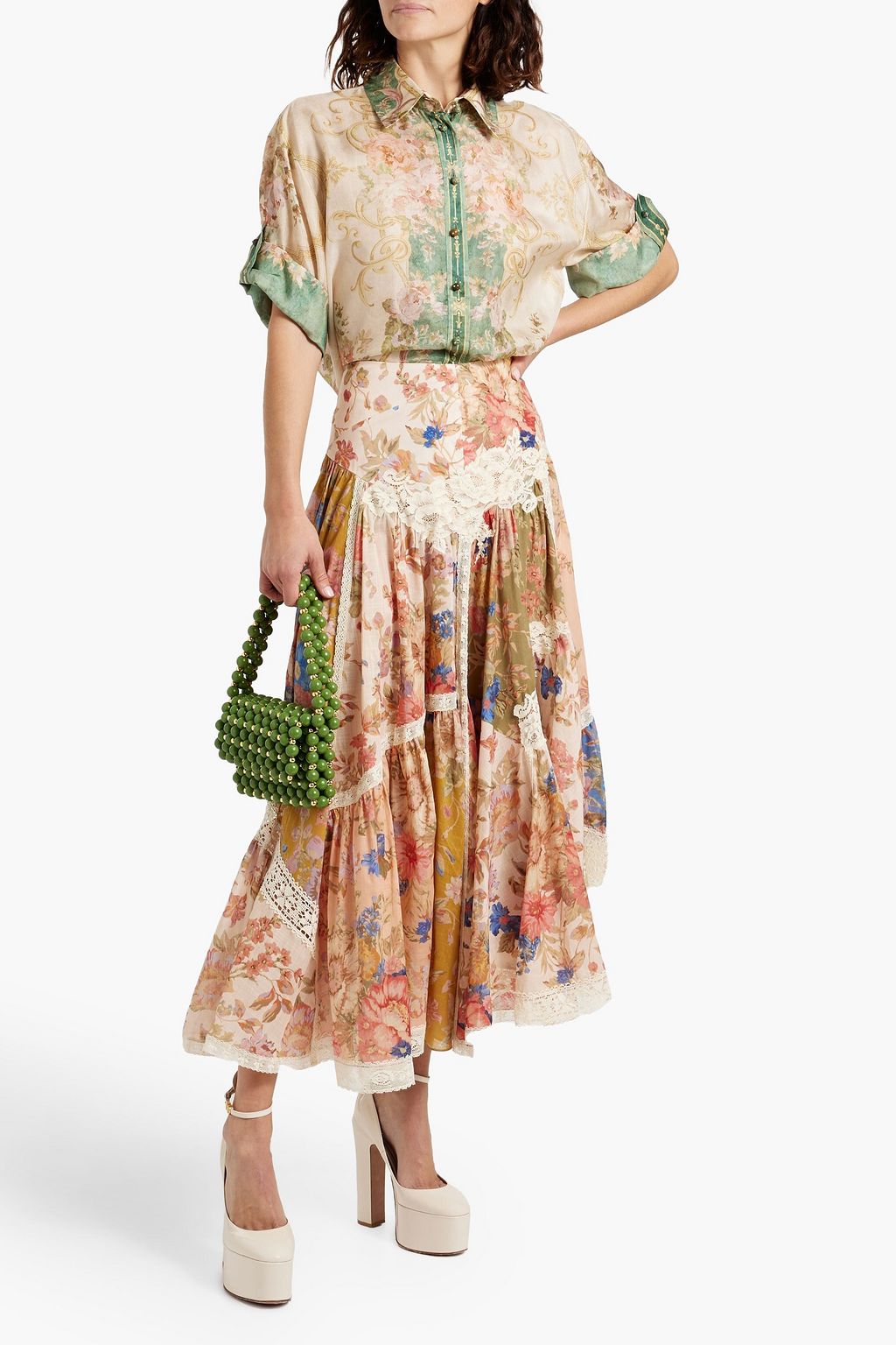 ZIMMERMANN Asymmetrischer Maxirock aus Baumwollgaze mit floralem Print und Spitzenbesatz