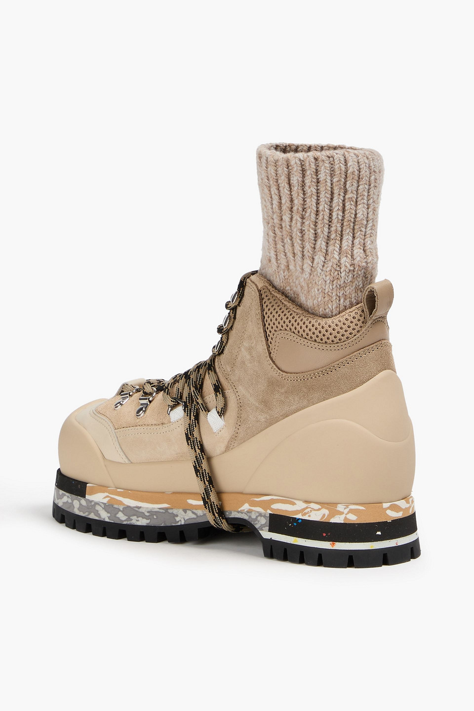 Shop Chloé Nikie Ribbed Knit-paneled Leather, Suede And Mesh Hiking Boots In Beige