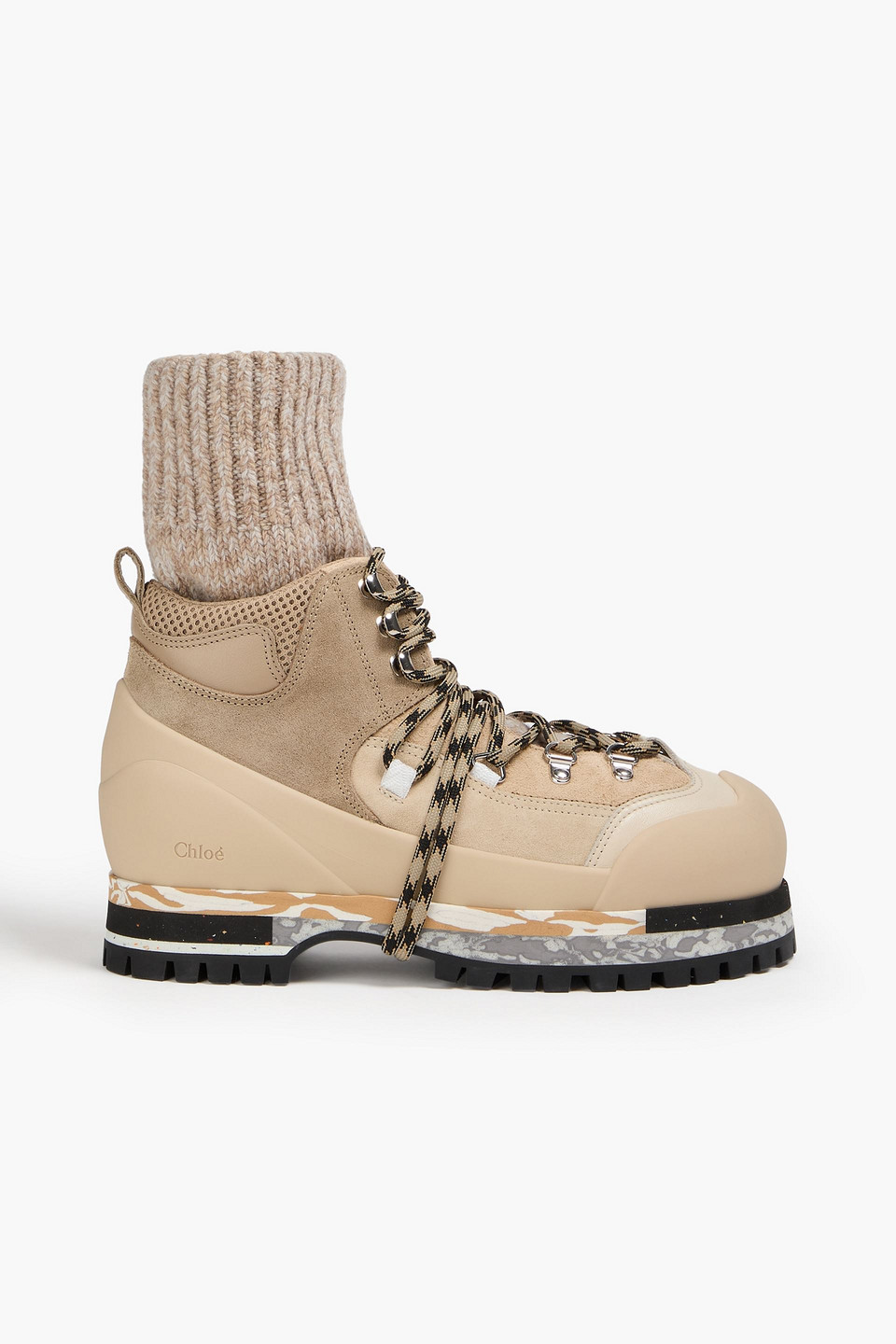 Shop Chloé Nikie Ribbed Knit-paneled Leather, Suede And Mesh Hiking Boots In Beige