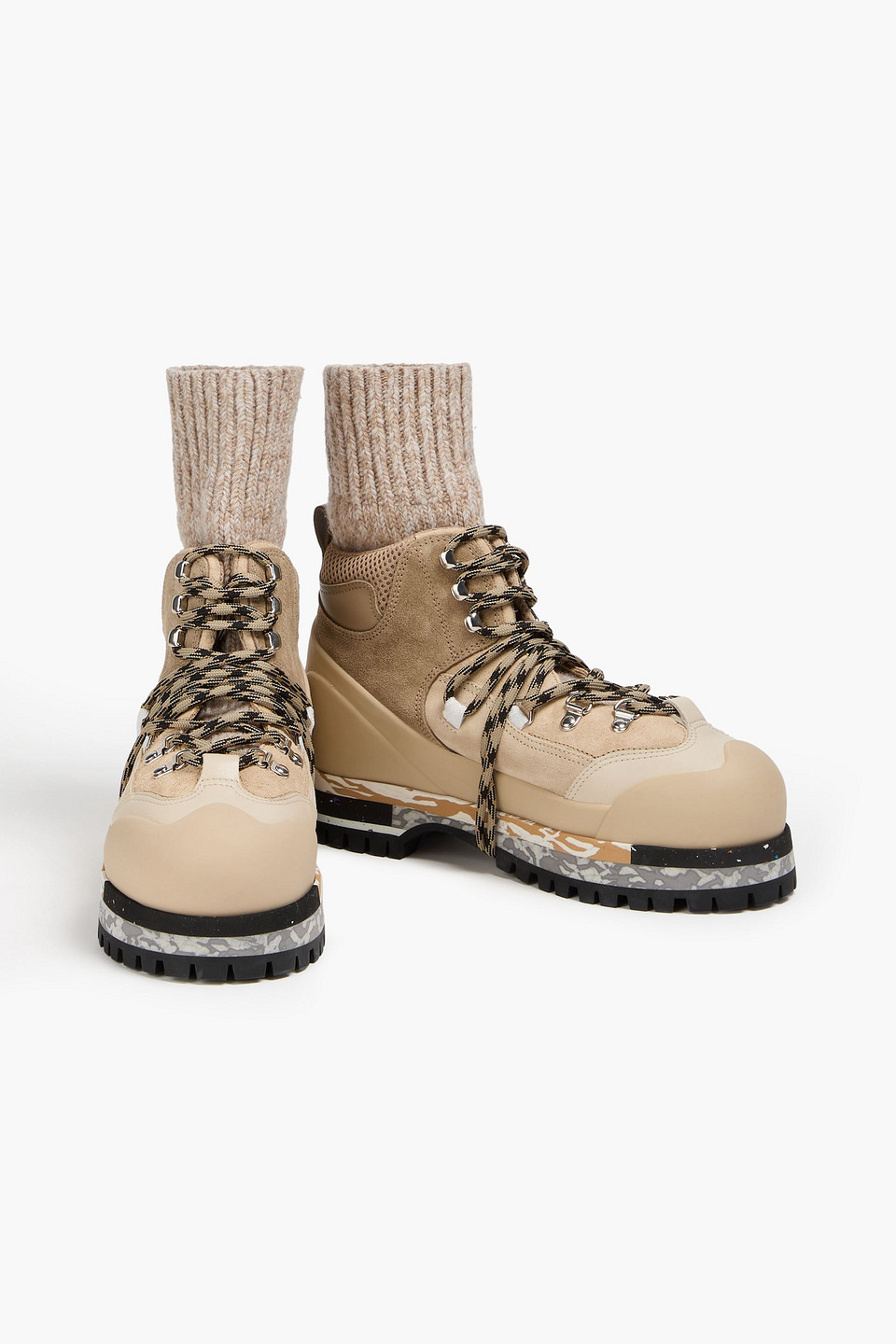 Shop Chloé Nikie Ribbed Knit-paneled Leather, Suede And Mesh Hiking Boots In Beige