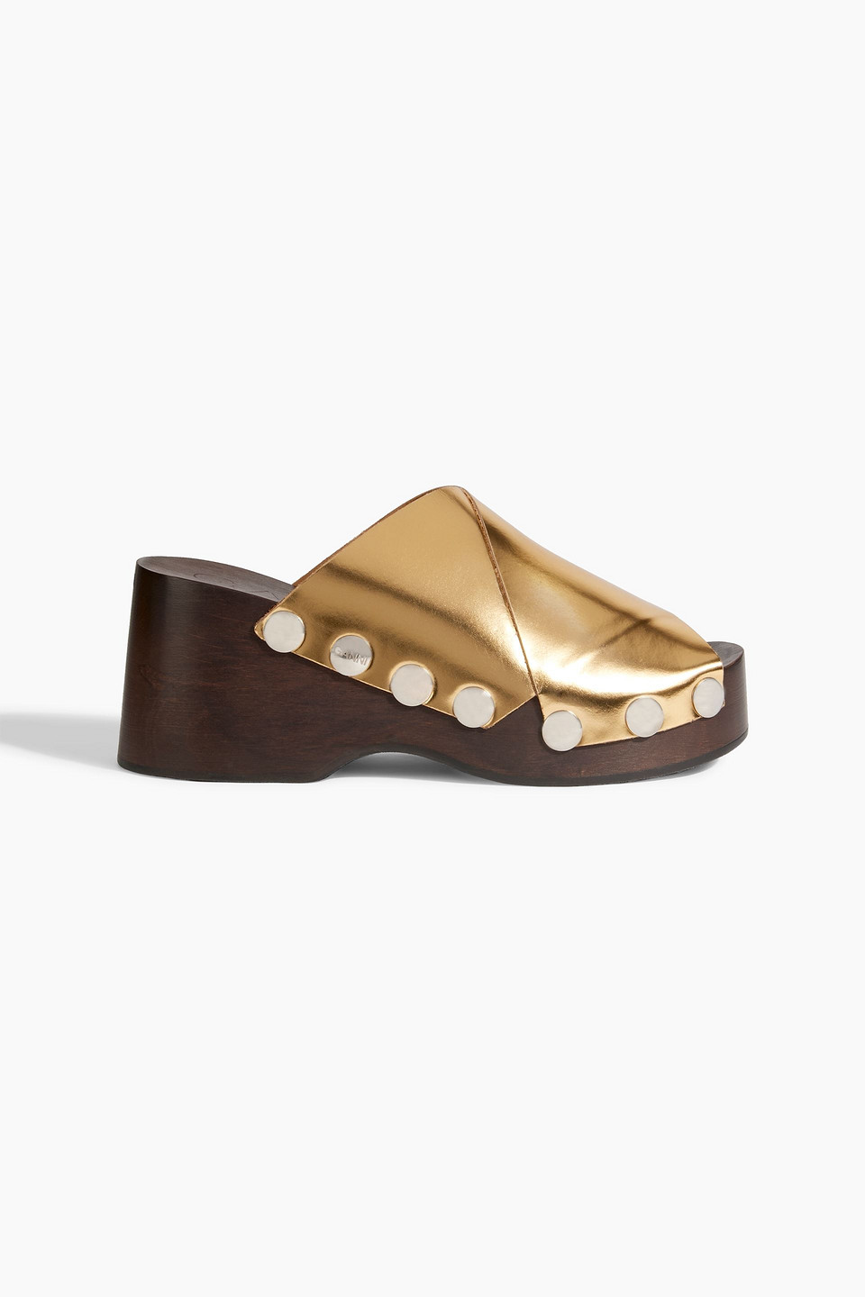 Ganni Retro Mirrored-leather Wedge Mules In Gold