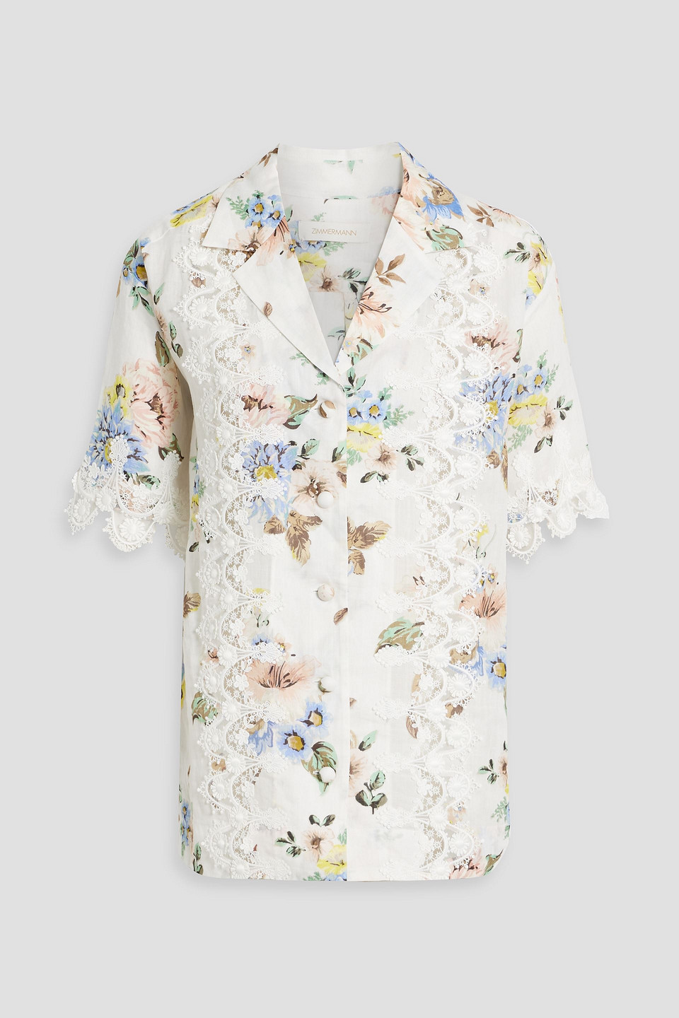 Zimmermann Guipure Lace-trimmed Floral-print Ramie Shirt In White