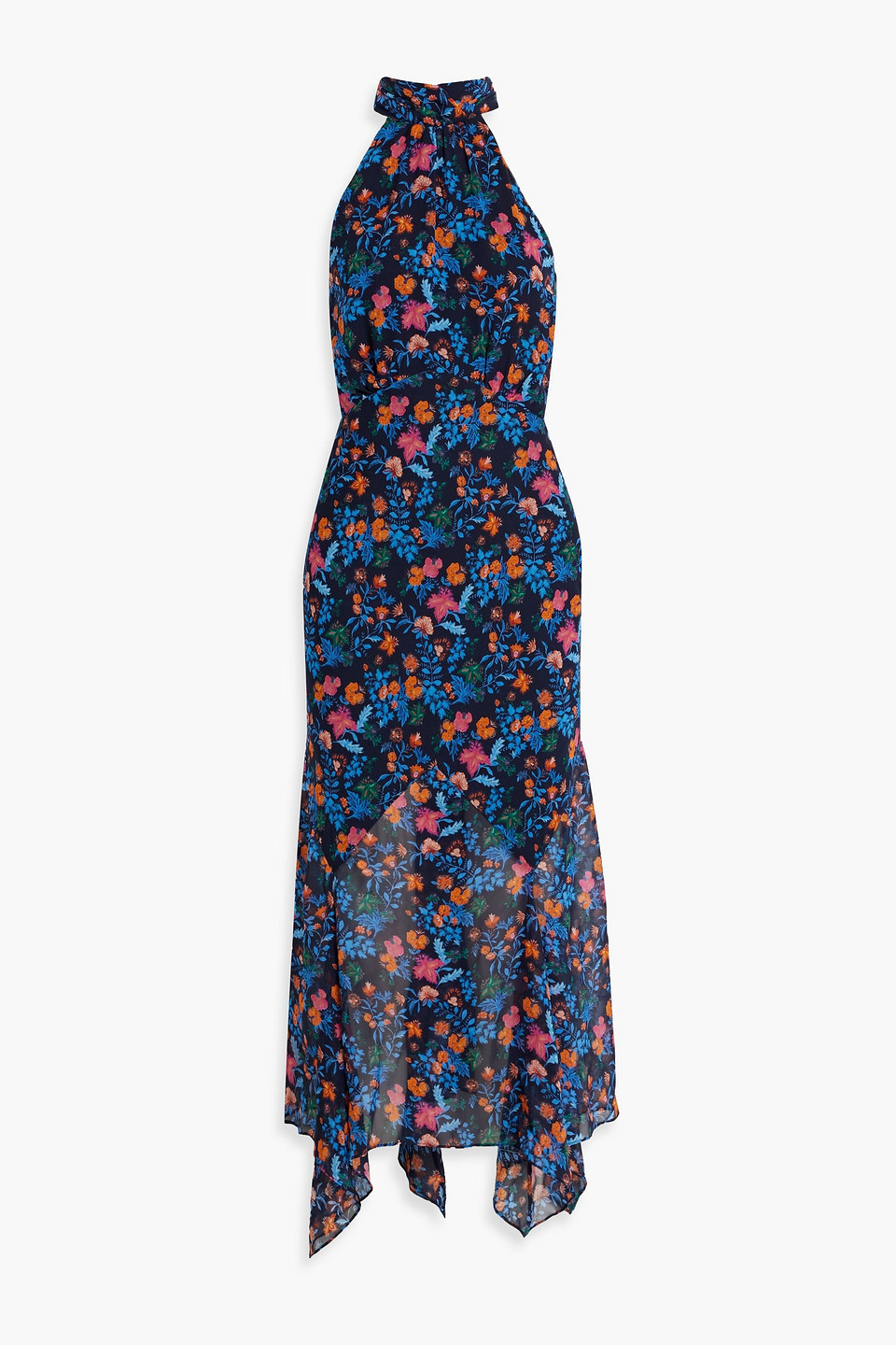 Saloni Lila Floral-print Silk-georgette Halterneck Midi Dress In Midnight Blue