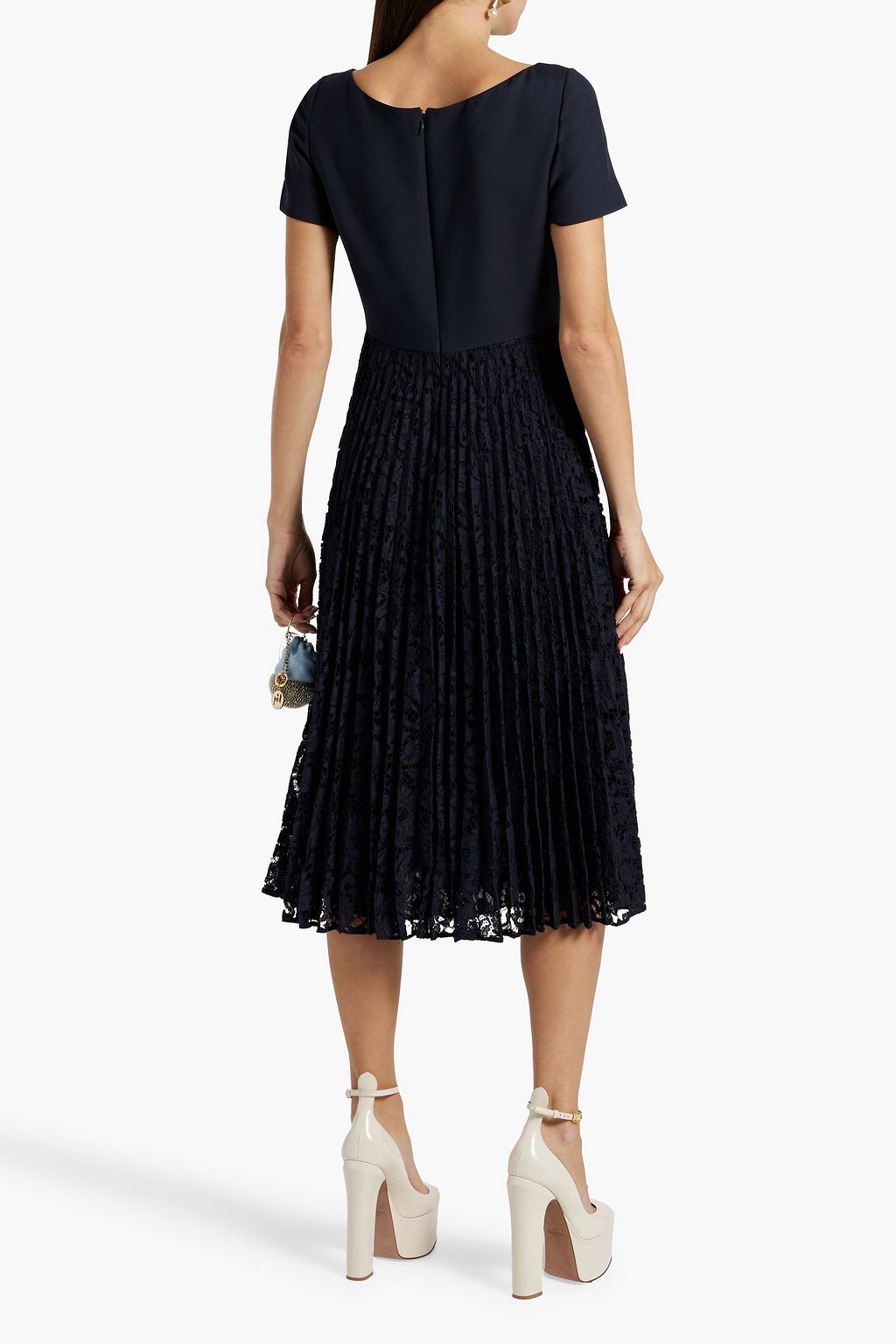 VALENTINO GARAVANI Pleated crepe and corded lace midi dress