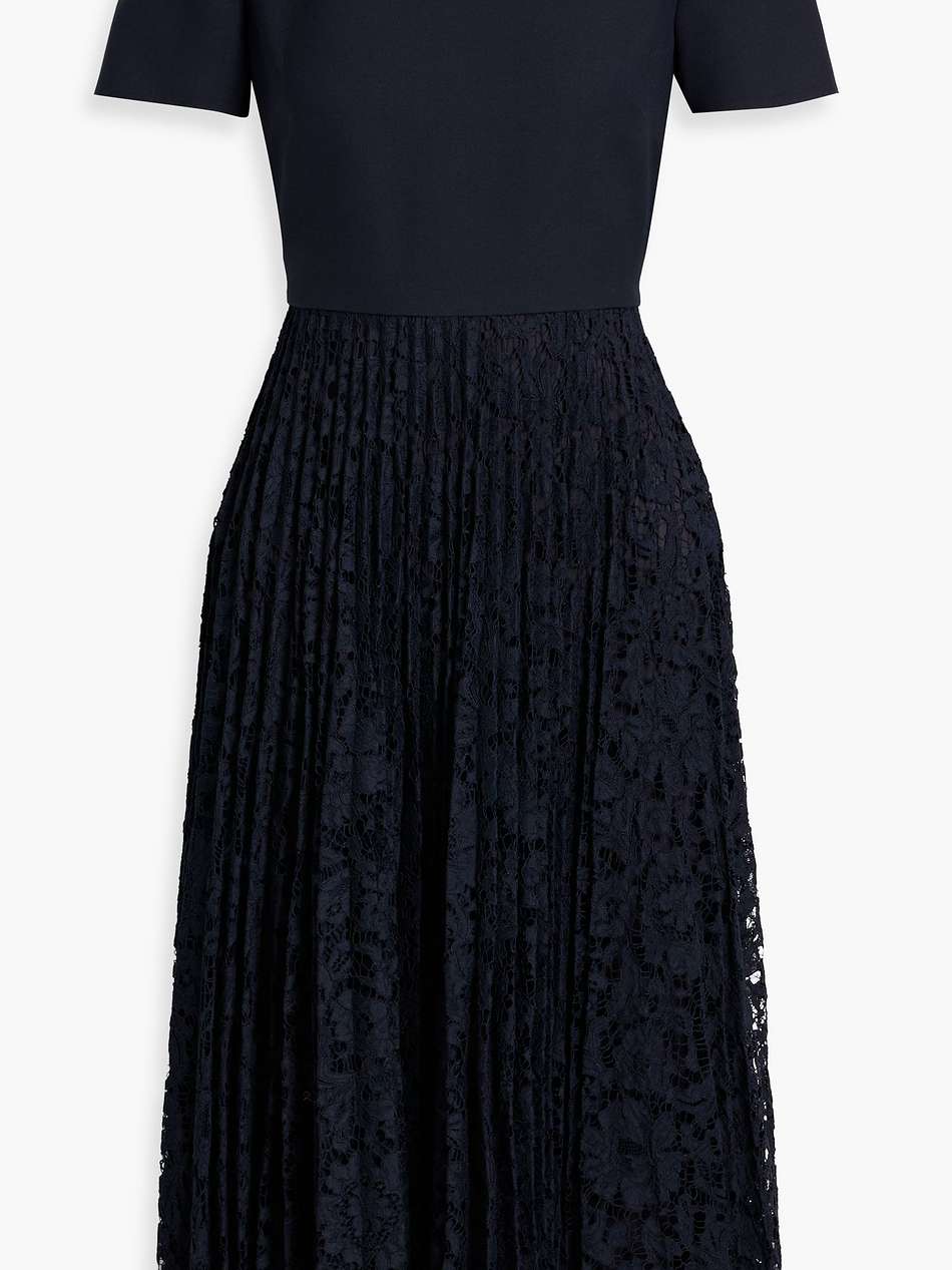 pleated crepe and corded lace midi dress