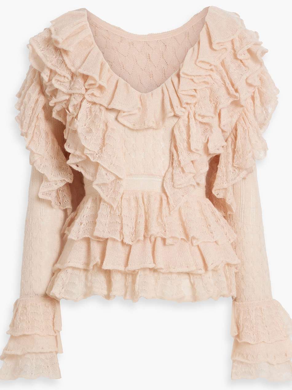 ruffled pointelle-knit top