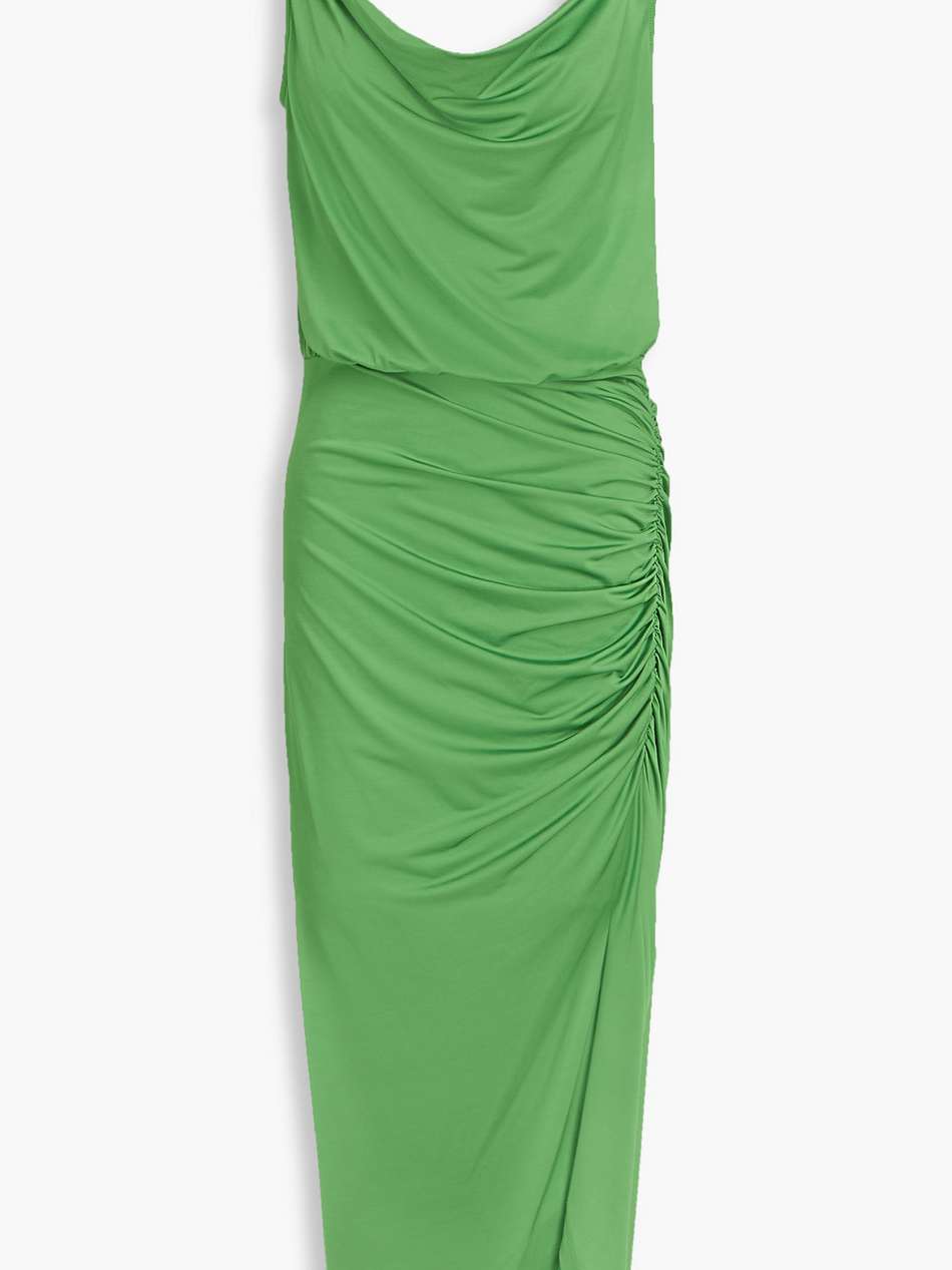biava asymmetric bead-embellished satin-jersey midi dress