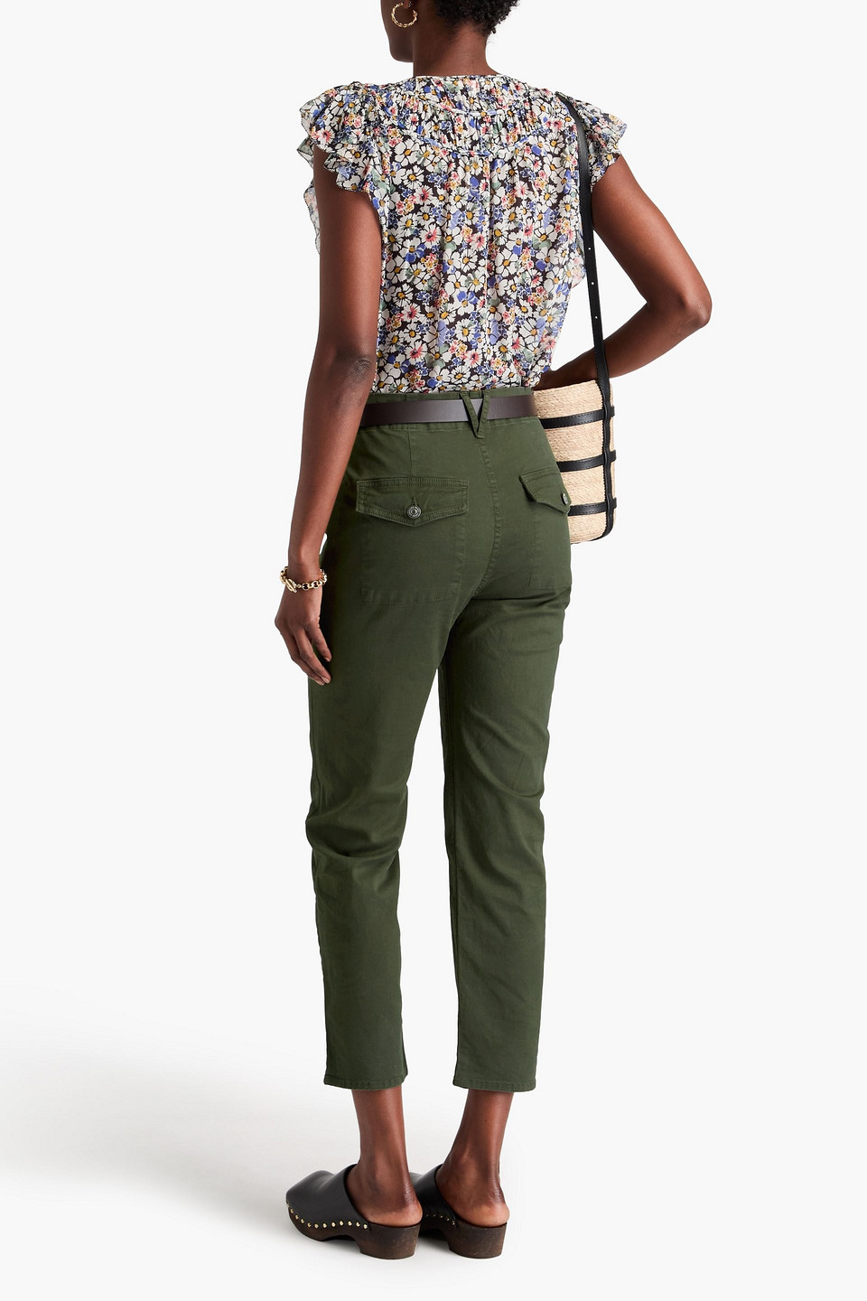 Veronica Beard Arya Straight Leg Button Front Stretch Cotton Pants In Army Green