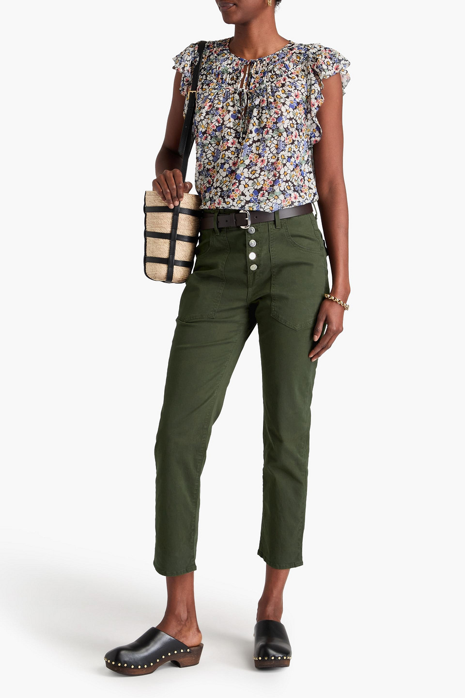 Veronica Beard Arya Straight Leg Button Front Stretch Cotton Pants In Army Green