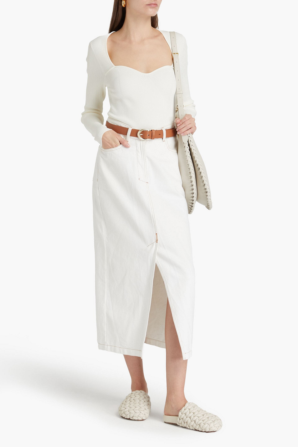 Veronica Beard Gladys Ribbed Sweetheart Knit Long Sleeve Top In Ivory In Ivory