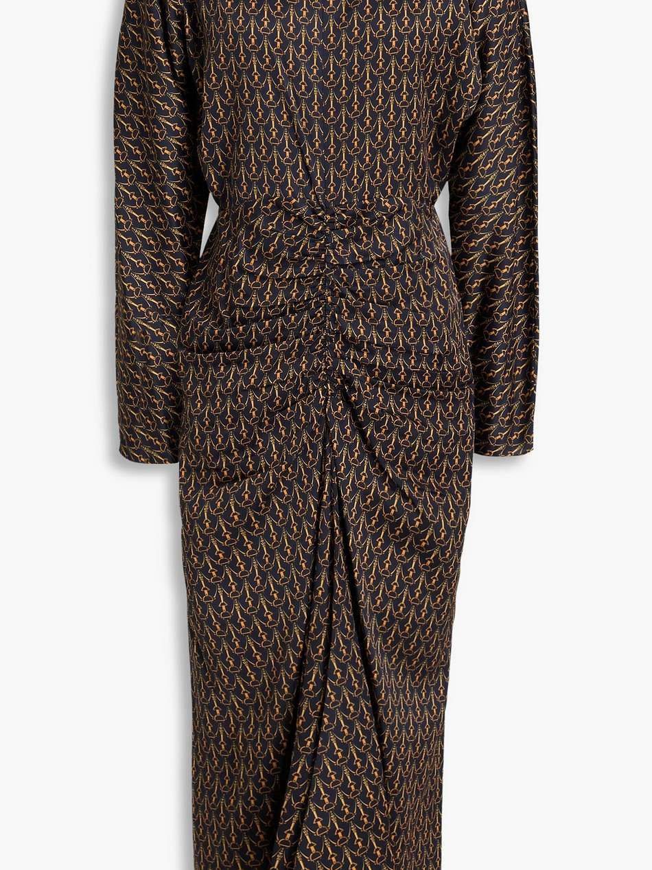 sabri ruched printed satin midi dress