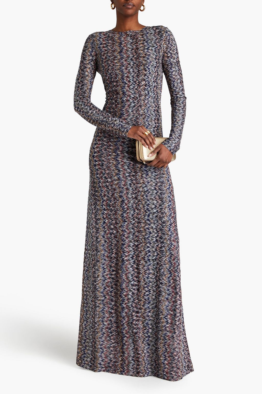 MISSONI فستان طويل من نسيج بحبكة كروشيه بلون معدني
