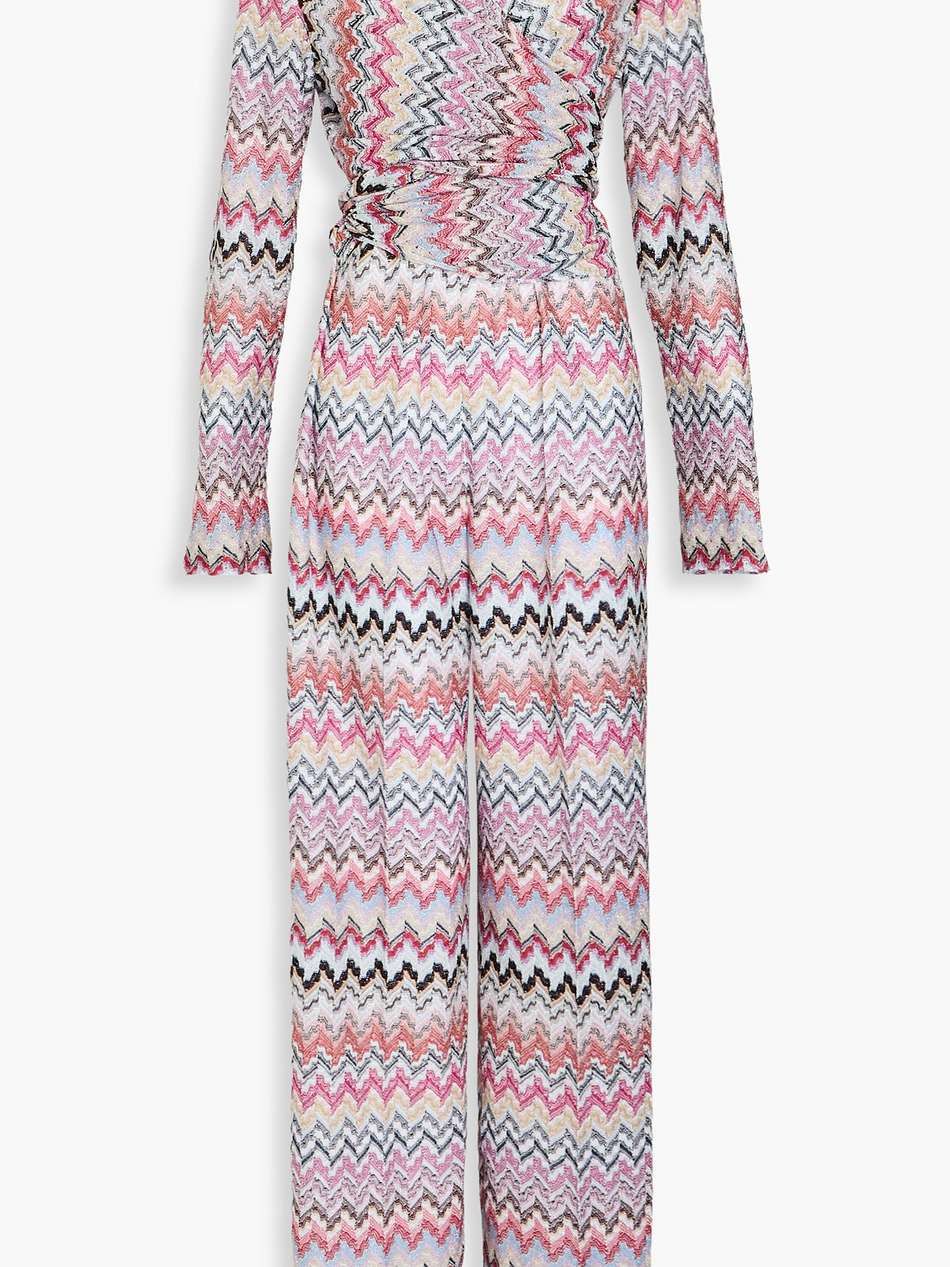 wrap-effect metallic crochet-knit jumpsuit
