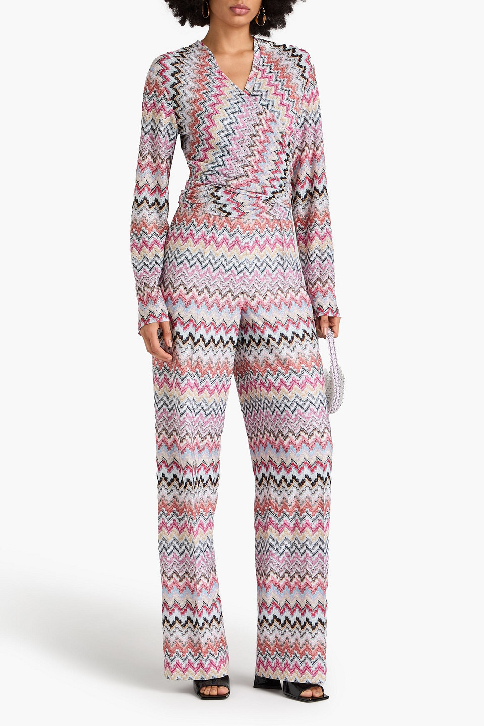 MISSONI WRAP-EFFECT METALLIC CROCHET-KNIT JUMPSUIT