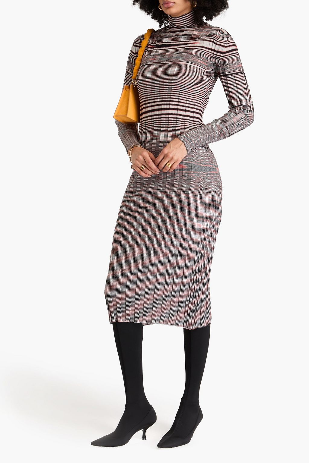 MISSONI فستان متوسط الطول من مزيج حرير والكشمير المضلّع بألوان متداخلة