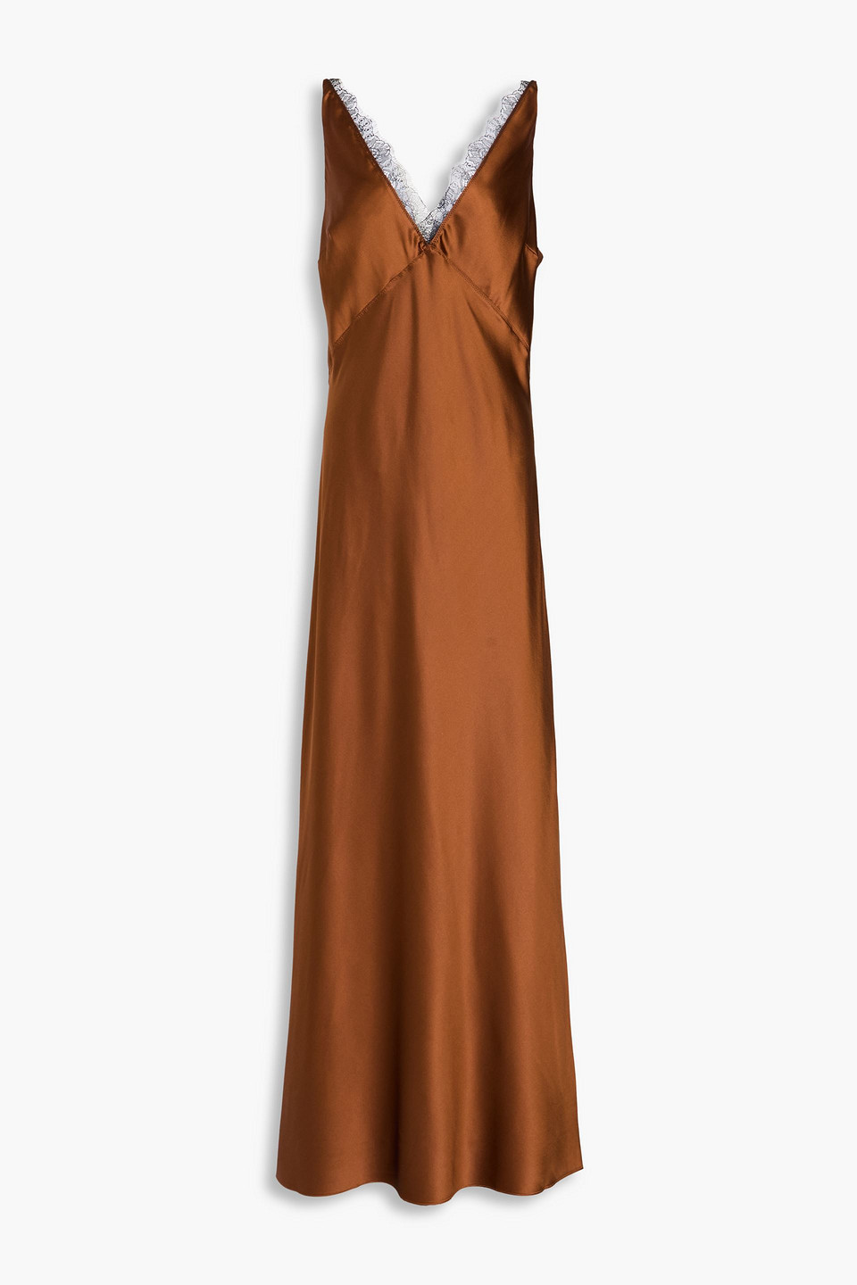 Veronica Beard Hamina Lace-trimmed Stretch-silk Satin Maxi Dress In Light Brown