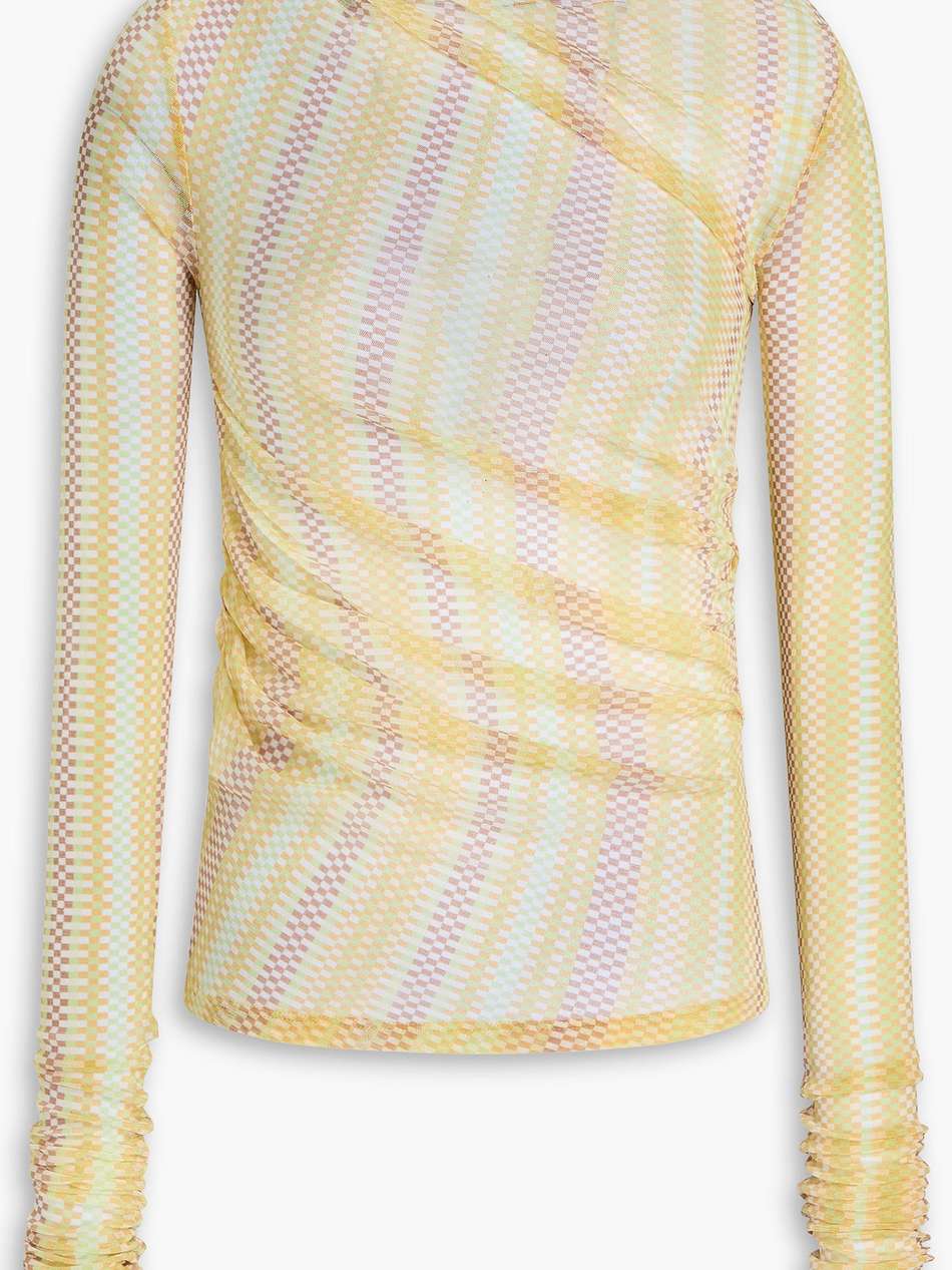 ruched checked mesh turtleneck top