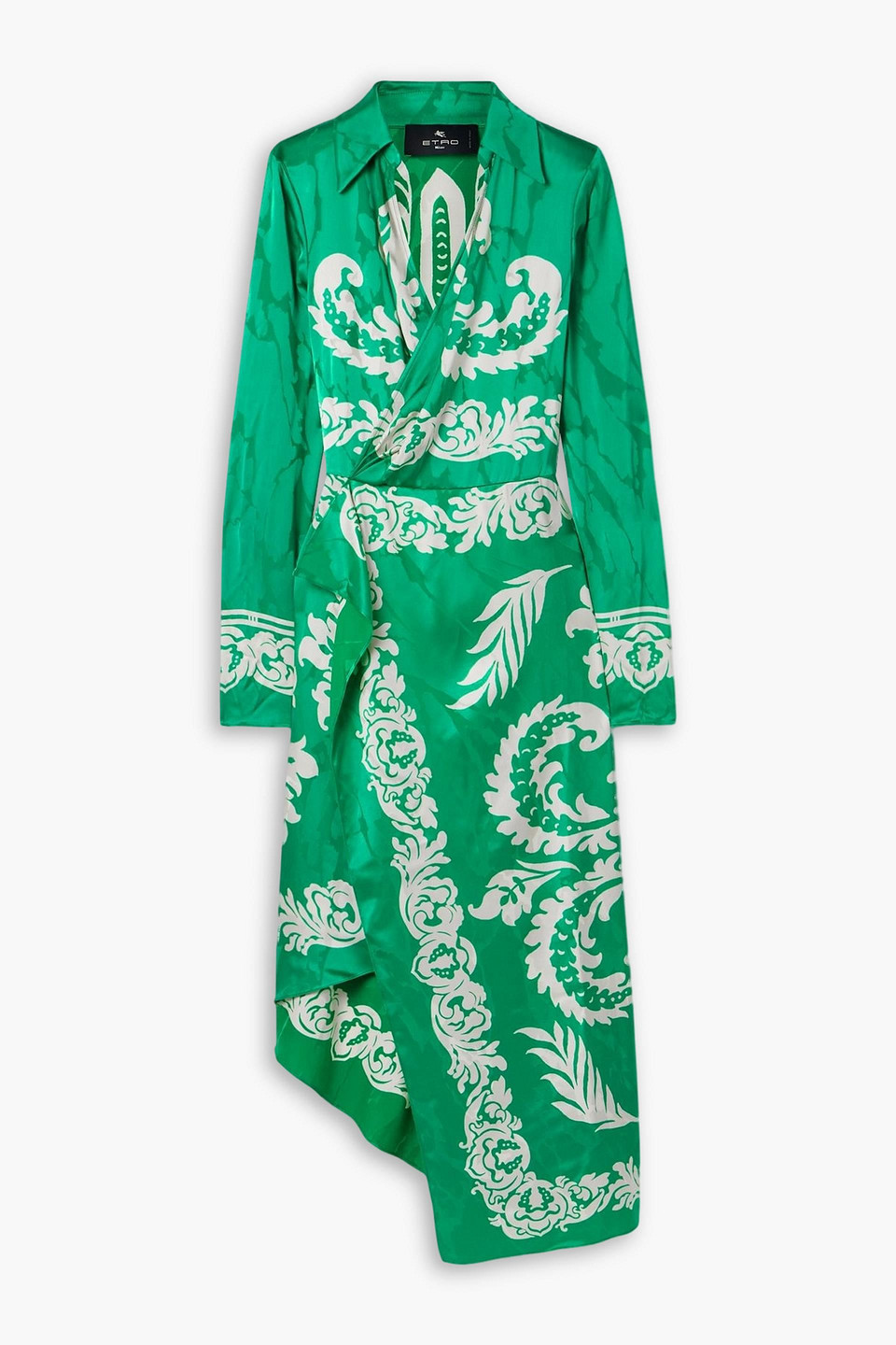 etro - wrap-effect draped printed satin-jacquard midi dress - green - it 42