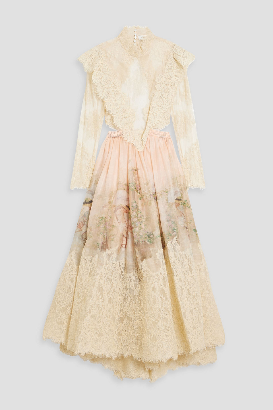 Zimmermann Cutout Lace-paneled Linen And Silk-blend Maxi Dress In Cream