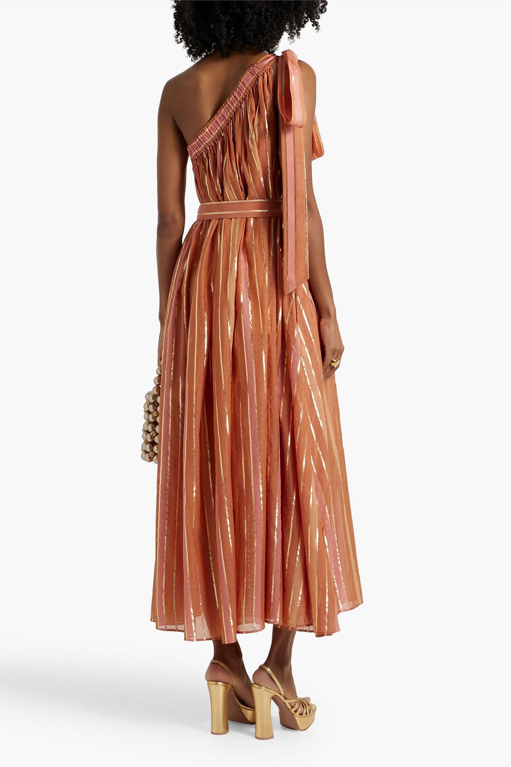 ZIMMERMANN One-shoulder metallic striped cotton-blend voile midi dress