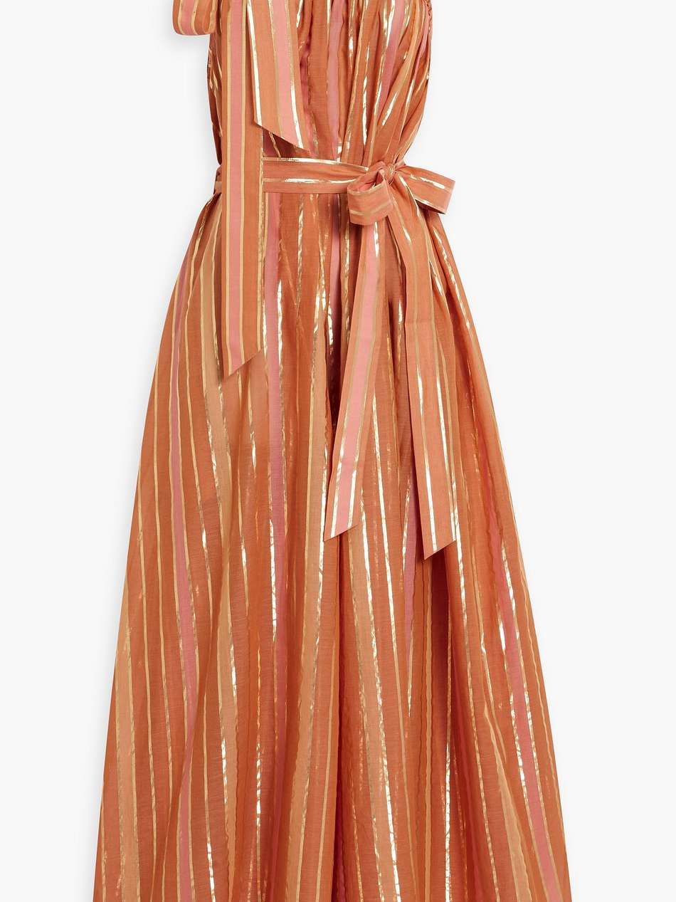 one-shoulder metallic striped cotton-blend voile midi dress
