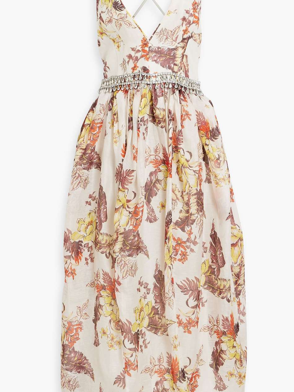 crystal-embellished printed linen and silk-blend midi dress