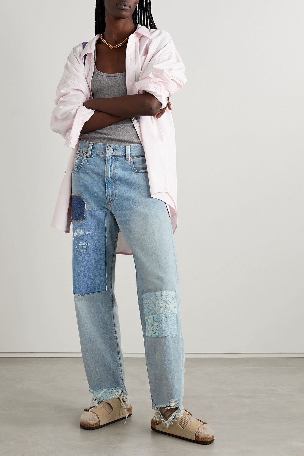 DENIMIST Lucy printed poplin-paneled high-rise boyfriend jeans