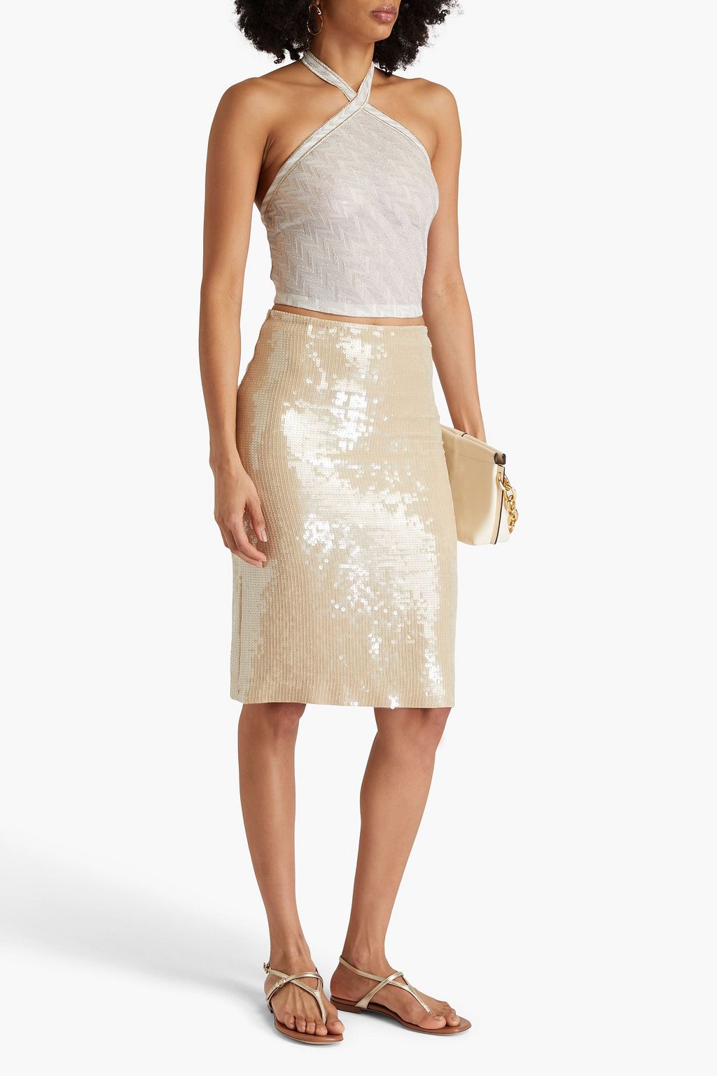 MISSONI Cropped metallic crochet-knit halterneck top