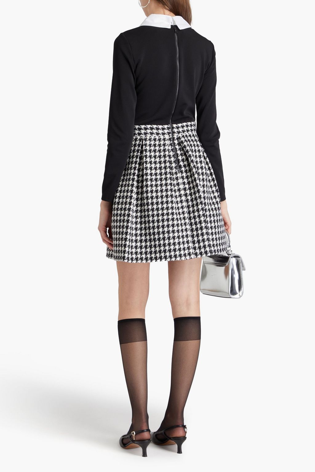 ALICE + OLIVIA ストレッチクレープ ツイード ミニワンピース プリーツ入り ハウンドトゥース
