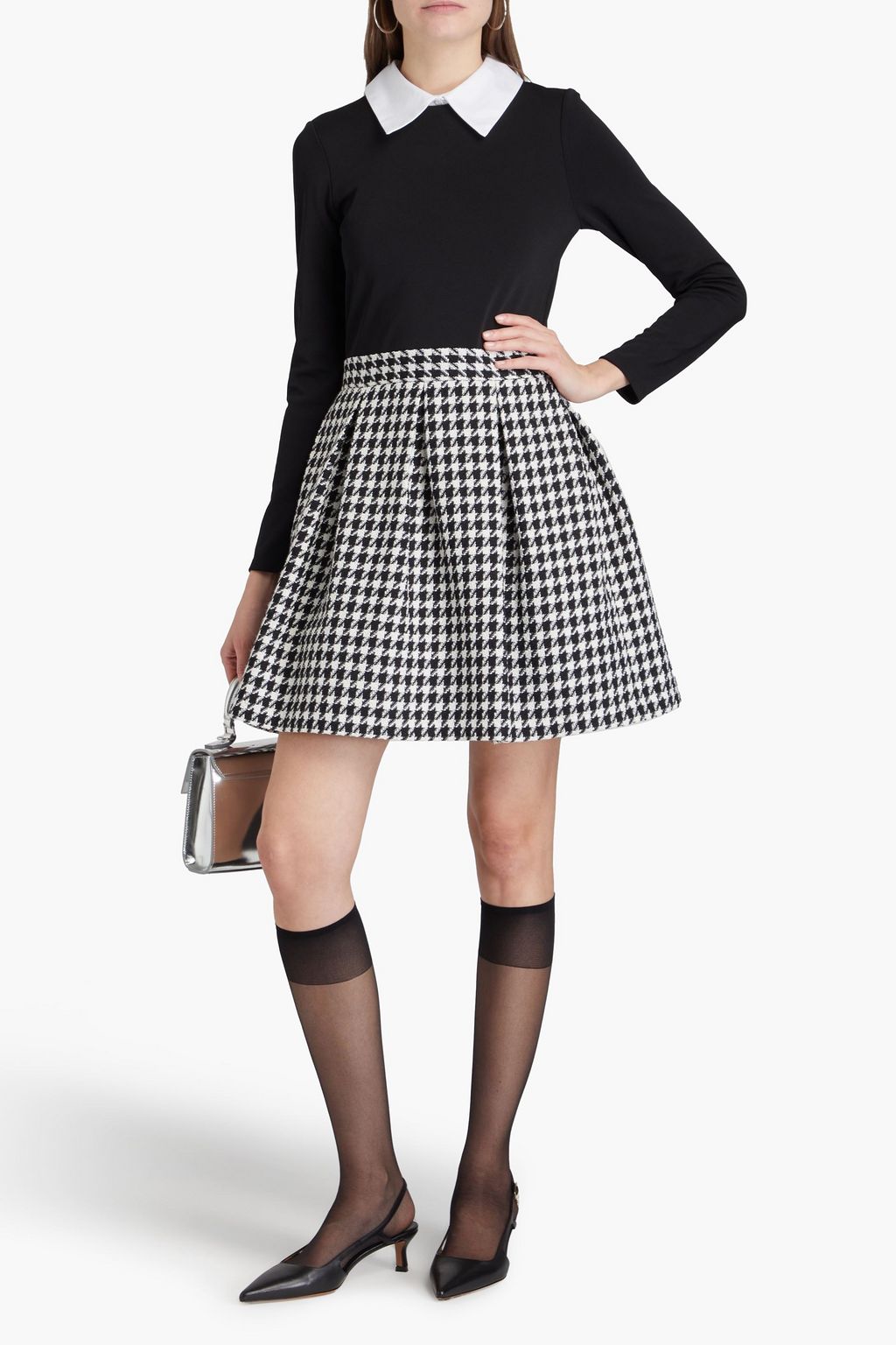 ALICE + OLIVIA ストレッチクレープ ツイード ミニワンピース プリーツ入り ハウンドトゥース